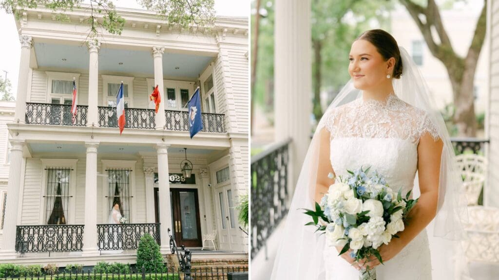 First image features a bride in her wedding dress standing on the first level of the patio of the Elms Mansion in New Orleans. The second image is a close up of a bride standing on a patio holding a bouquet with white and blue flowers while she is looking at the street. 