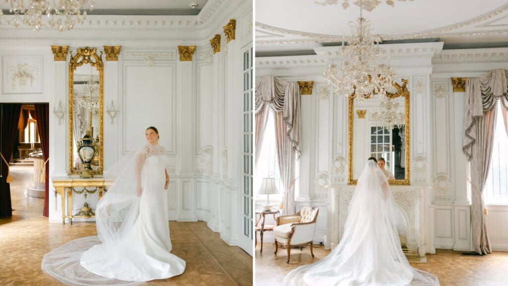 First photo is a bride swishing her veil in the ballroom of the Elms Mansion. The second image is the same bride looking at herself in a gold mirror under a chandelier in the ballroom of the Elms Mansion.