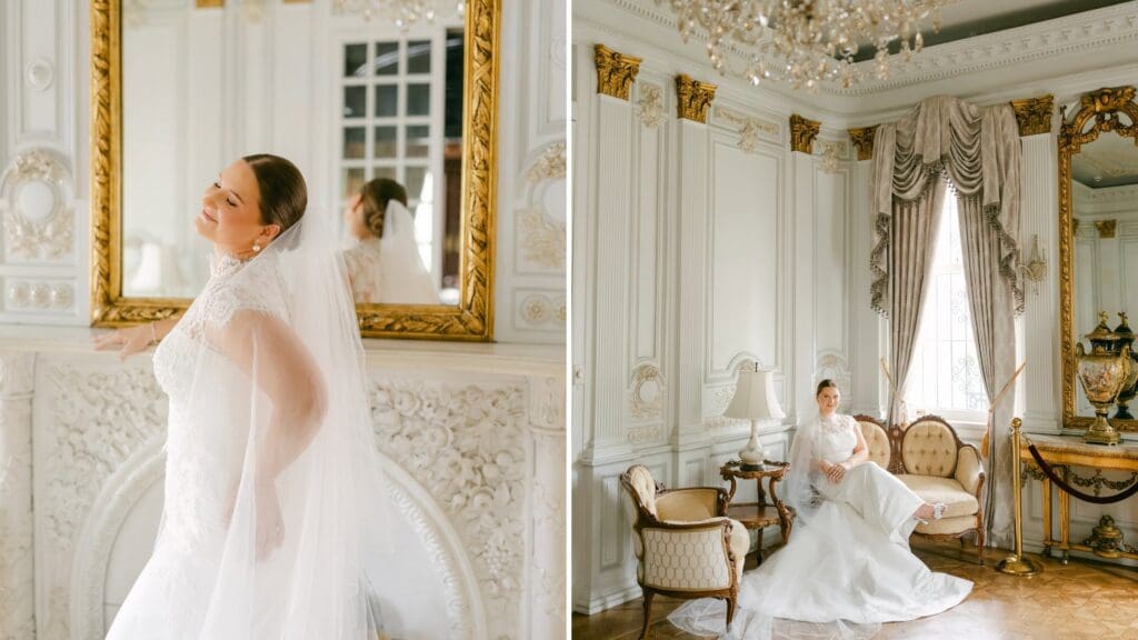two images of a bride posing in the ballroom of the Elms Mansion
